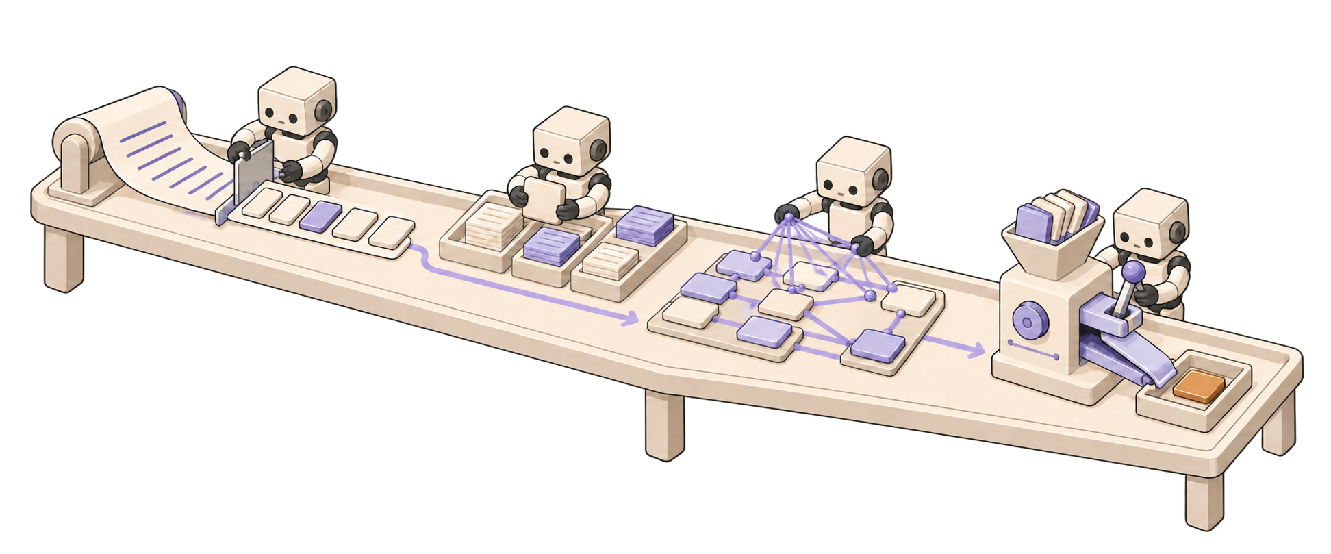 Des petits robots transforment une bande de papier en tokens, les relient puis choisissent la pièce suivante.